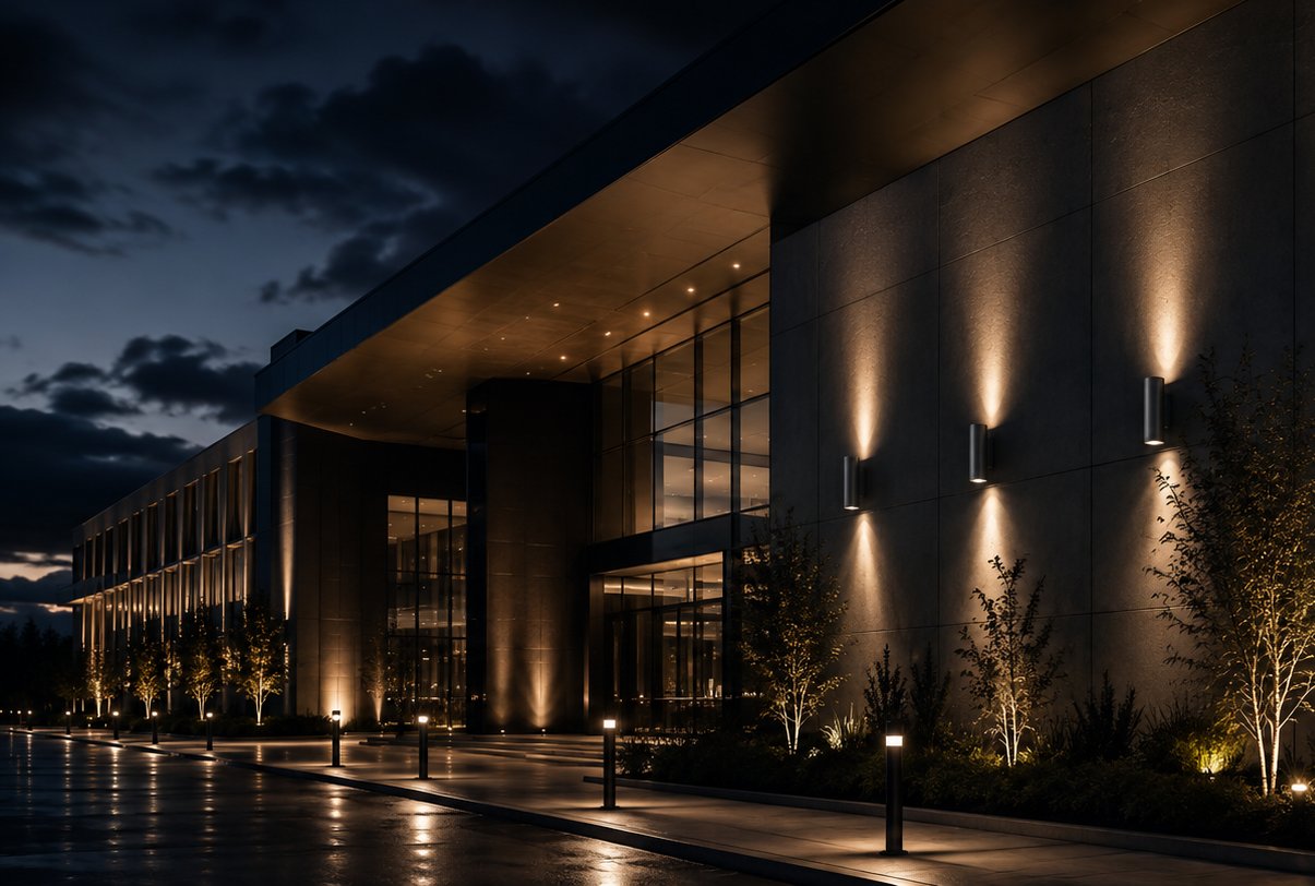 Up-and-down wall lighting along a contemporary building facade at dusk