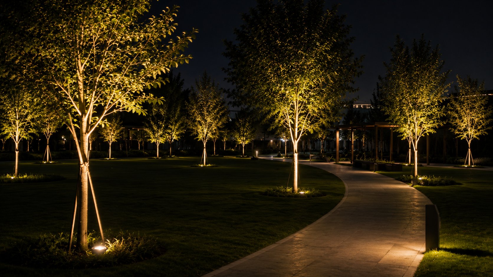 Illuminated trees and bollard lighting beside a curving garden pathway at night