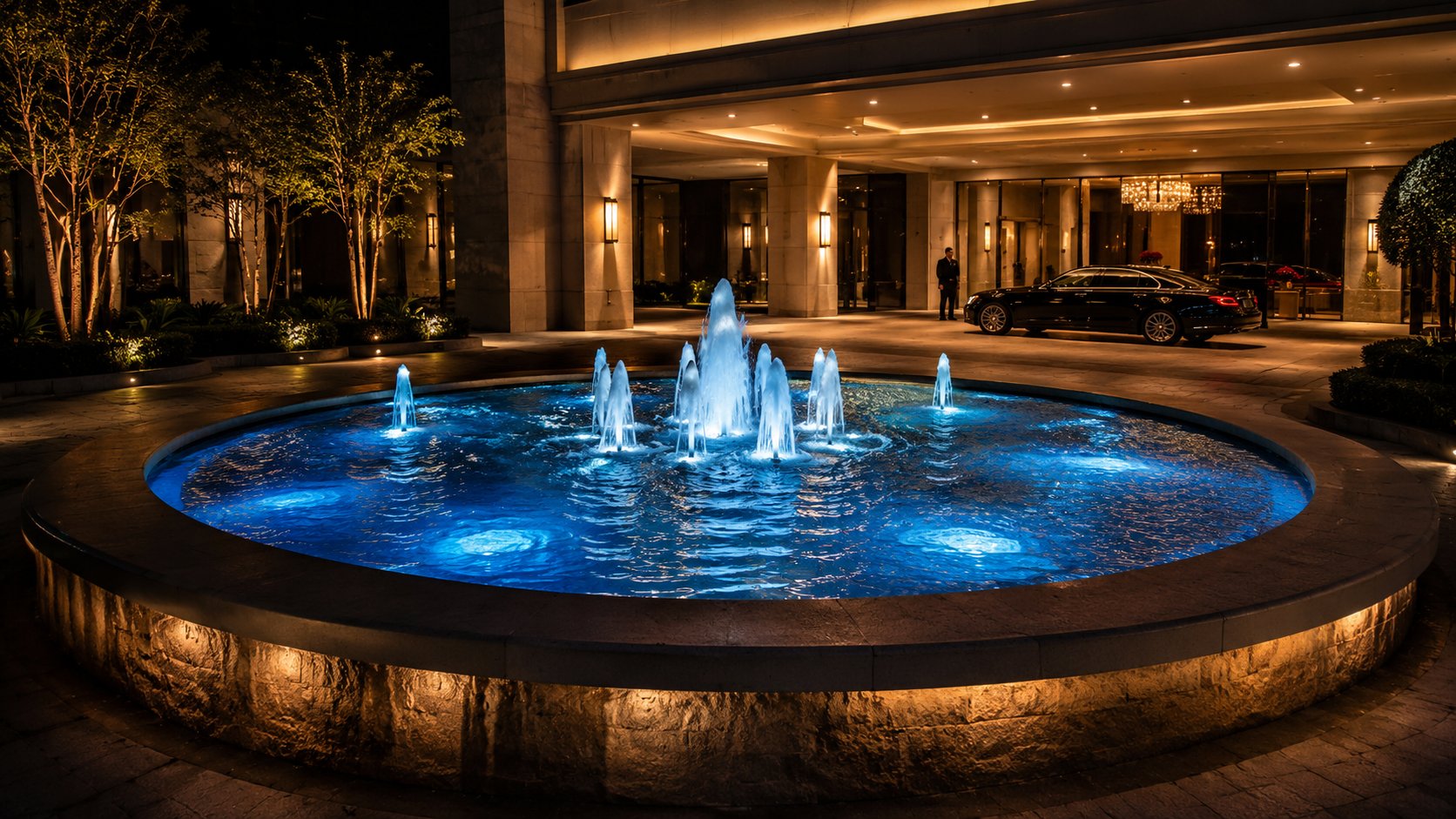 Blue-lit circular fountain with water jets beside a covered terrace at night