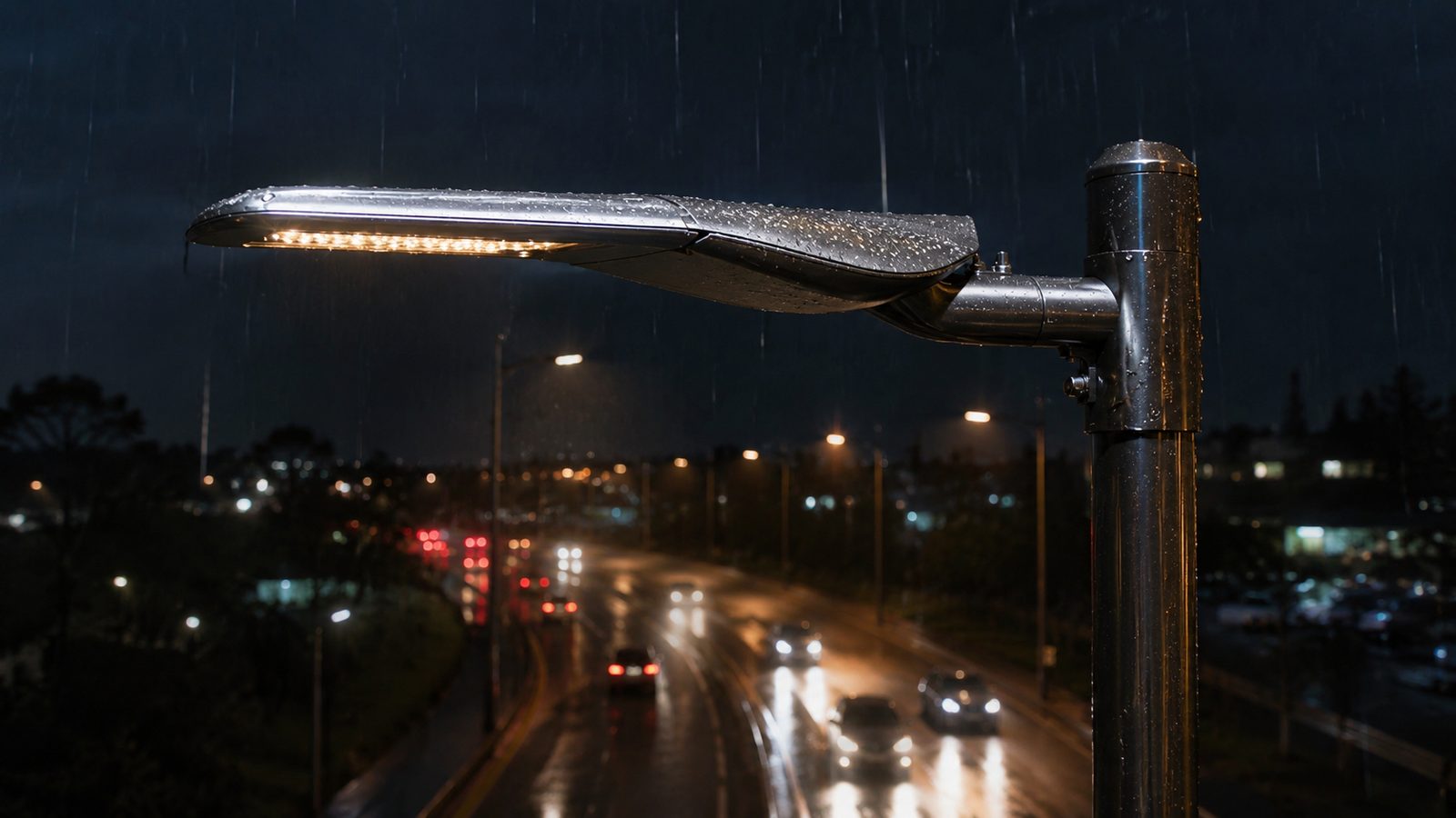 Curved street-light head and pole above a wet roadway at dusk