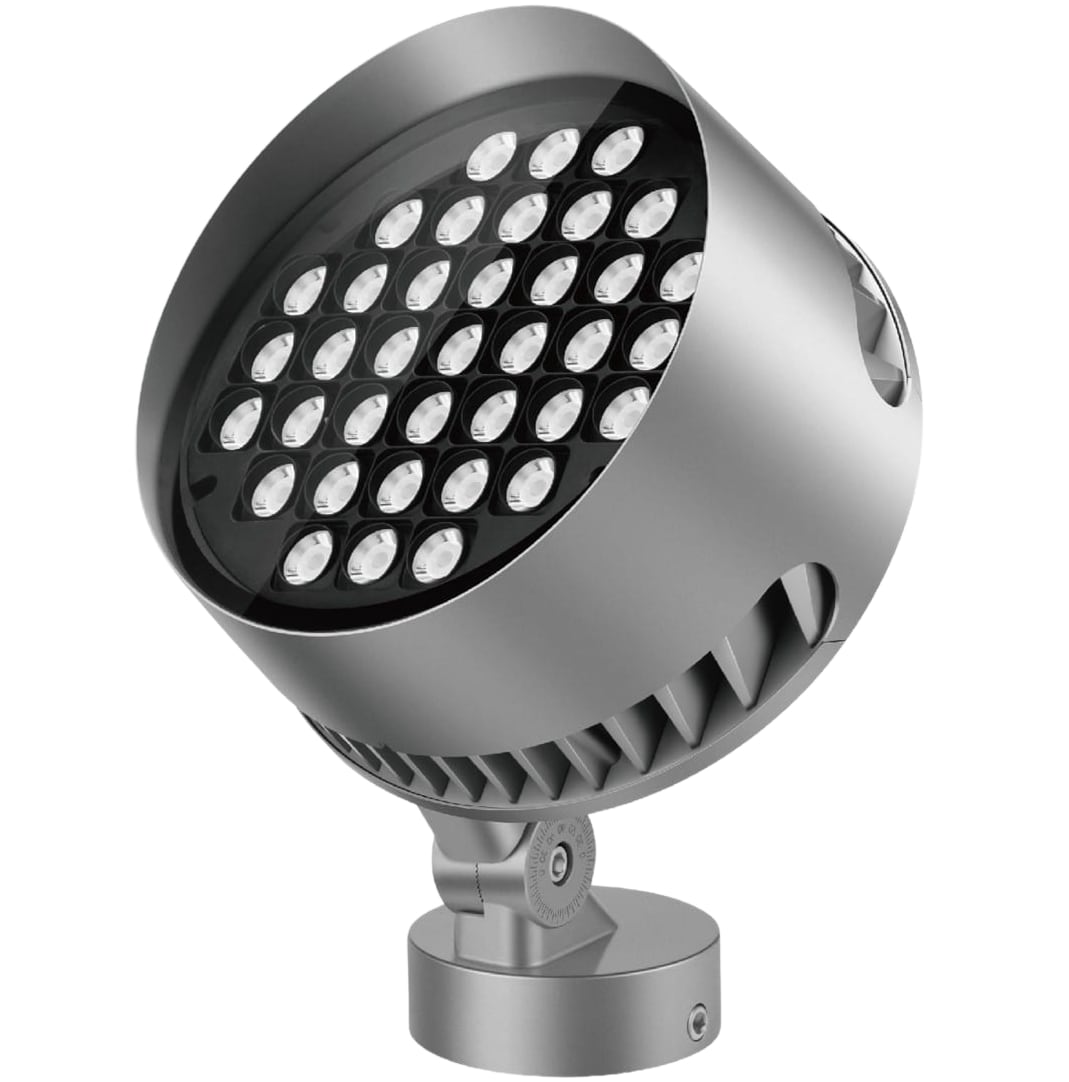 Round multi-LED spotlight with adjustable knuckle mount, visible heat fins and recessed lenses on a white background. Modaluce ML1130 commercial outdoor arch…