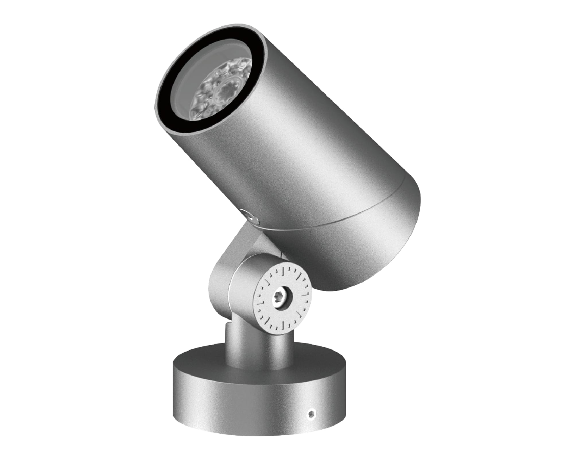 Silver cylindrical LED spotlight on a round surface base with adjustable pivot and visible multi-LED array. Modaluce ML1143 commercial outdoor architectural…