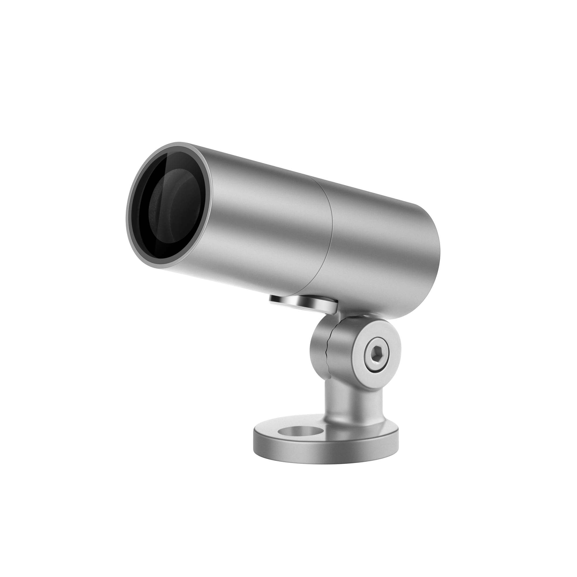 Silver cylindrical adjustable spotlight on a round surface-mount base with a pivot joint and glass lens. Modaluce ML1148F commercial outdoor architectural se…