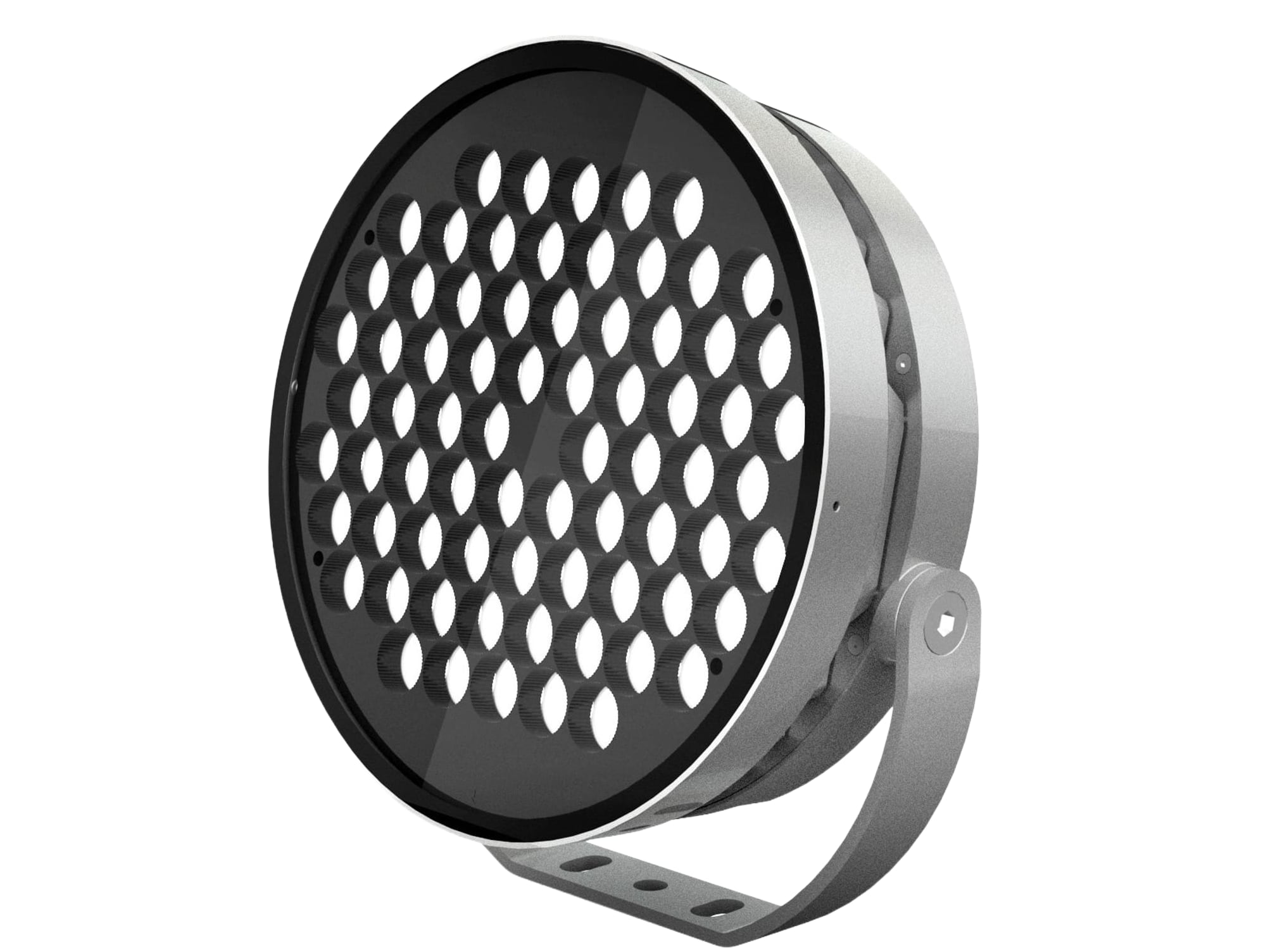 Round architectural LED floodlight with honeycomb front and adjustable slotted bracket in silver finish. Modaluce ML1153 commercial outdoor skyreach series,…