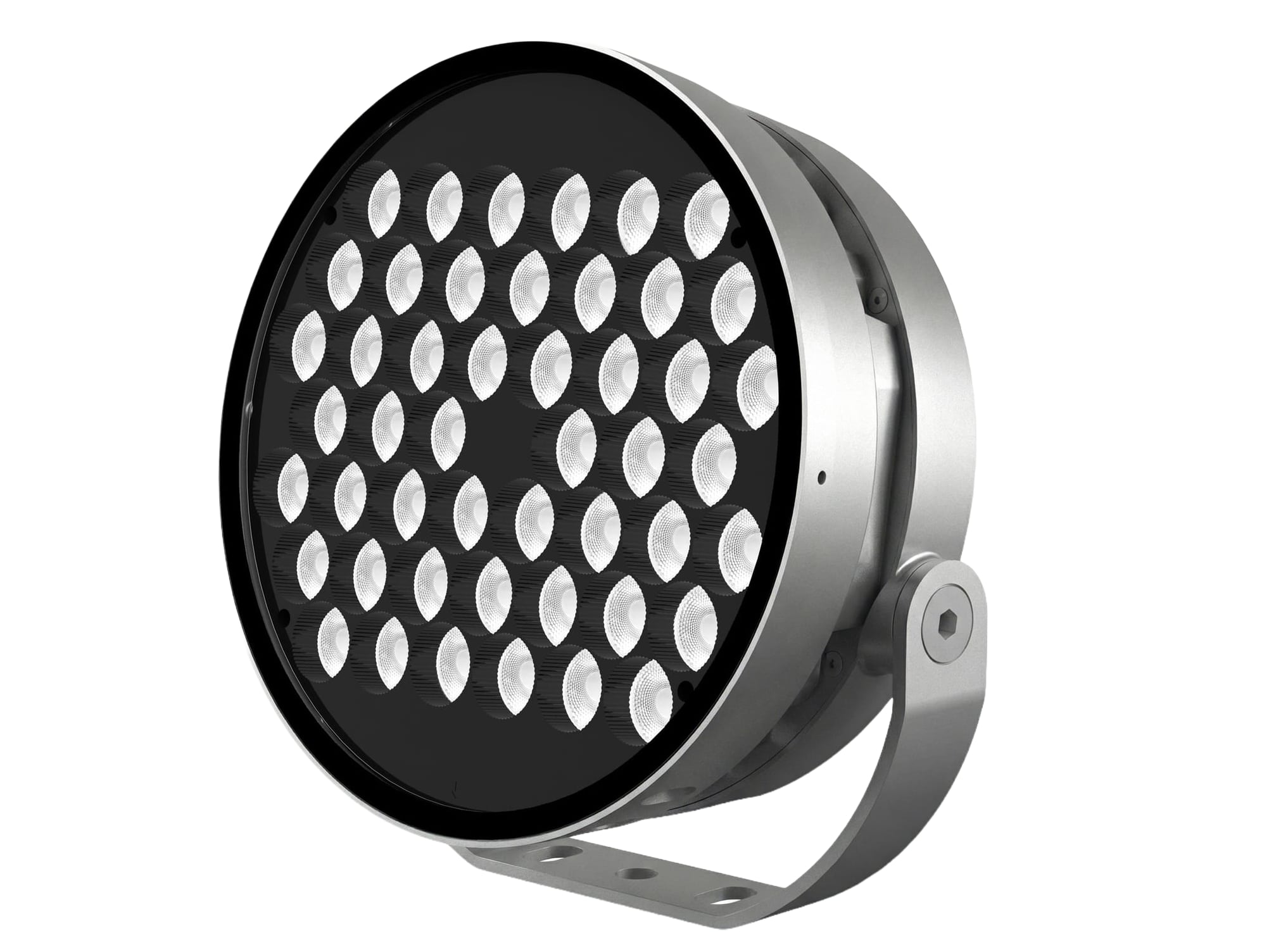 Circular multi-LED architectural floodlight with adjustable yoke bracket and silver anodised housing. Modaluce ML1154 commercial outdoor skyreach series, Aus…