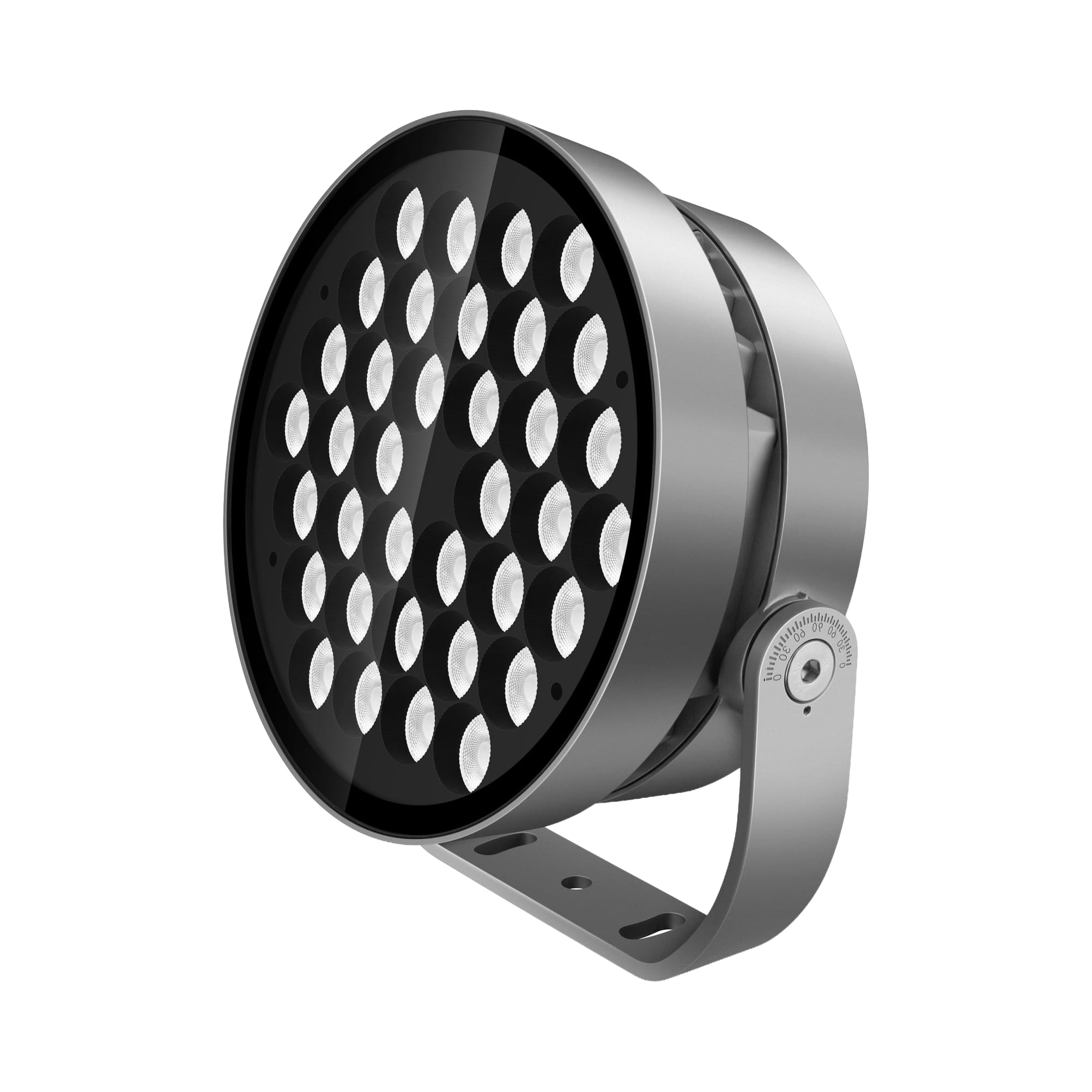 Round multi-LED architectural floodlight with yoke bracket and glass-covered LED array in metallic grey. Modaluce ML1155 commercial outdoor skyreach series,…