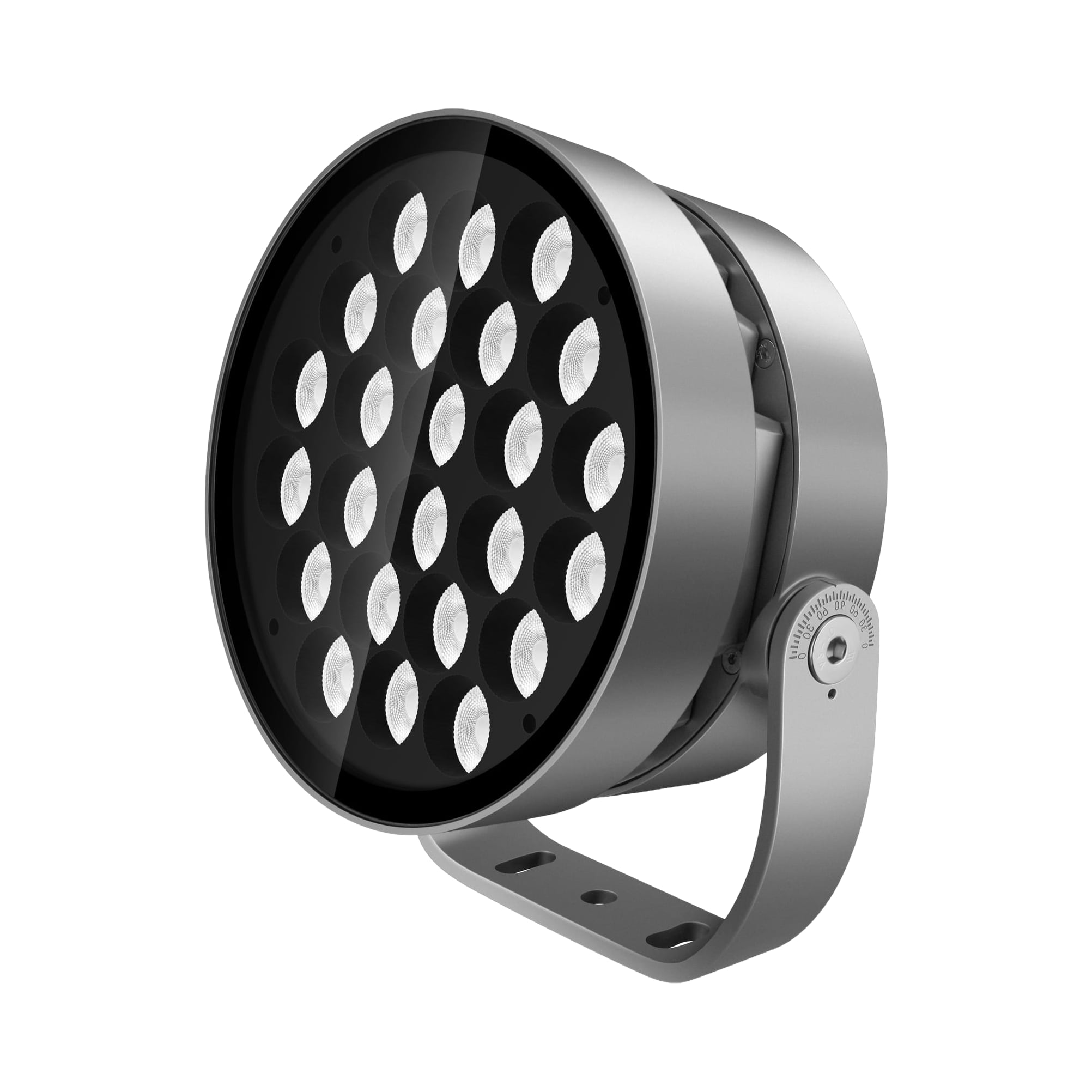 Round architectural floodlight with 19 multi-lens LEDs and adjustable yoke bracket on white background. Modaluce ML1156 commercial outdoor skyreach series, A…