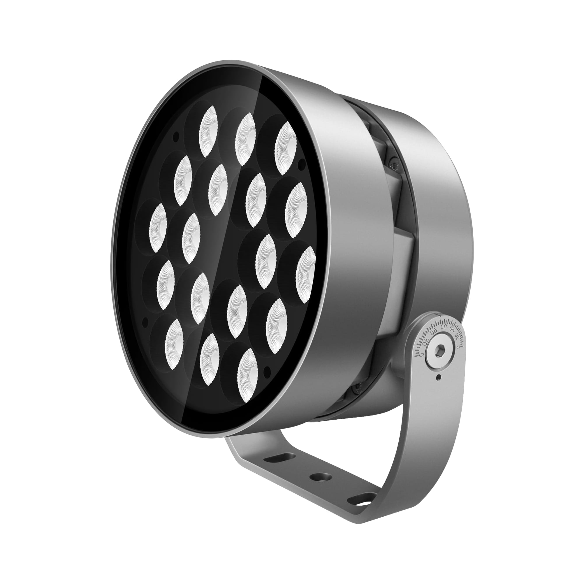 Round architectural LED floodlight with 16 LEDs in a circular array and adjustable yoke bracket. Modaluce ML1157 commercial outdoor skyreach series, Australia.