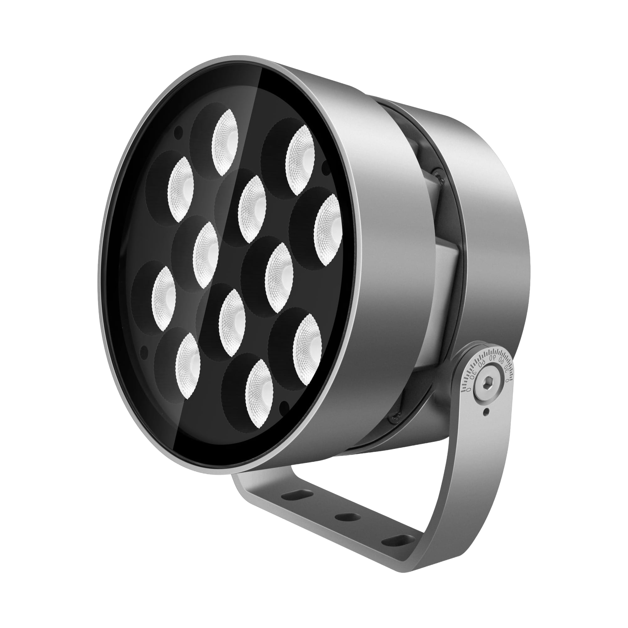 Round architectural floodlight with multi-LED reflector array and adjustable slotted bracket in silver anodised finish. Modaluce ML1158 commercial outdoor sk…