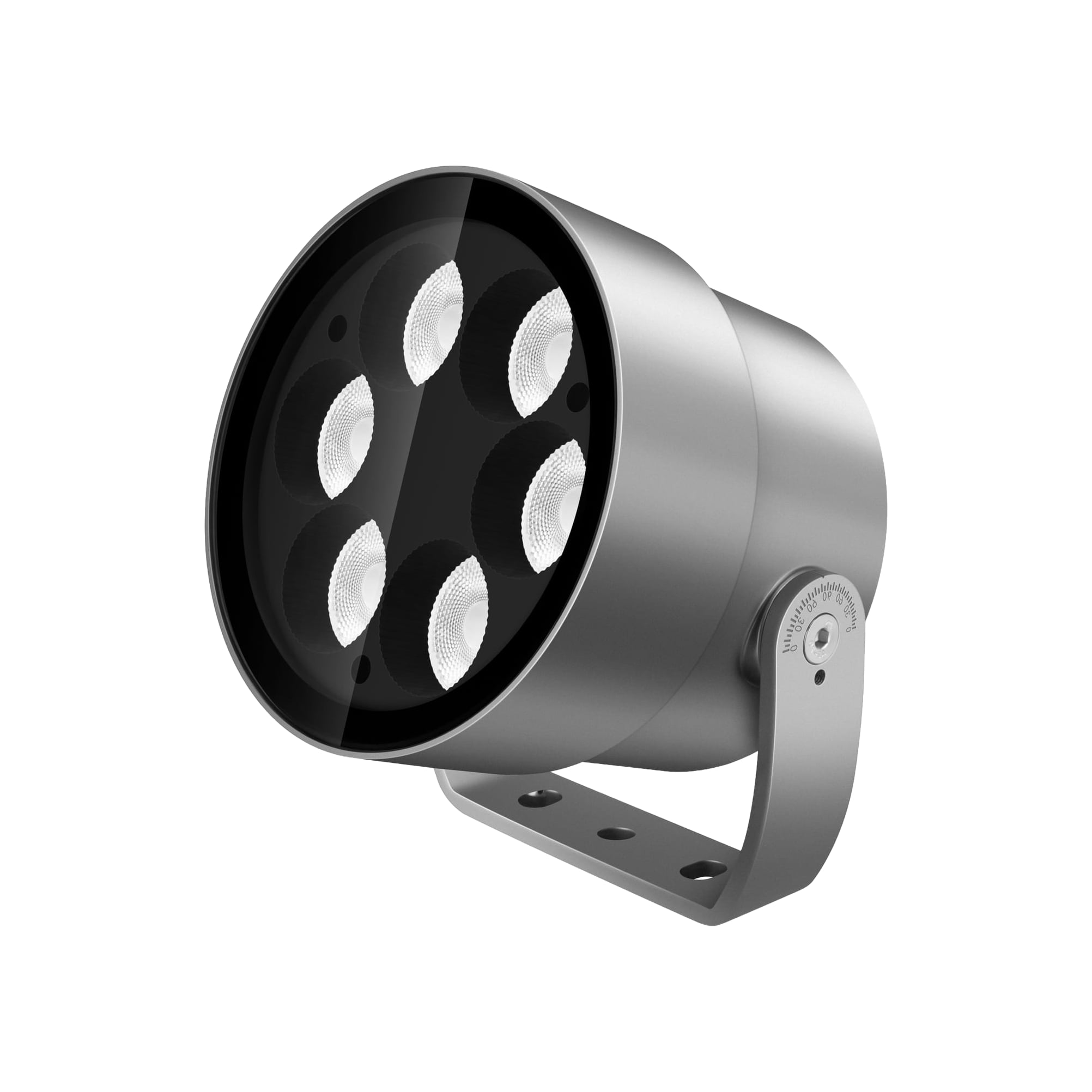 Round five-LED architectural floodlight with adjustable U-bracket in silver finish on white background. Modaluce ML1159 commercial outdoor skyreach series, A…