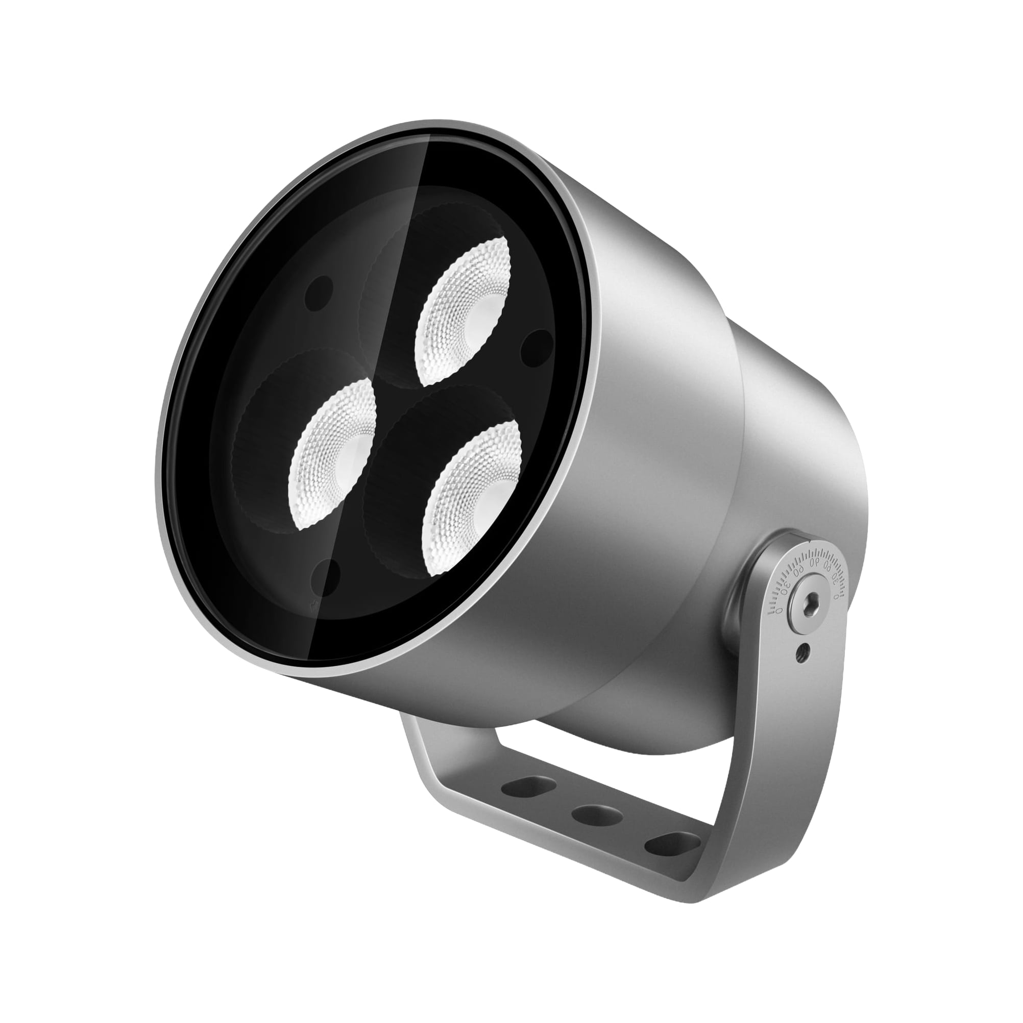 Silver cylindrical architectural floodlight with three recessed reflectors and an adjustable mounting bracket on a white background. Modaluce ML1160 commerci…