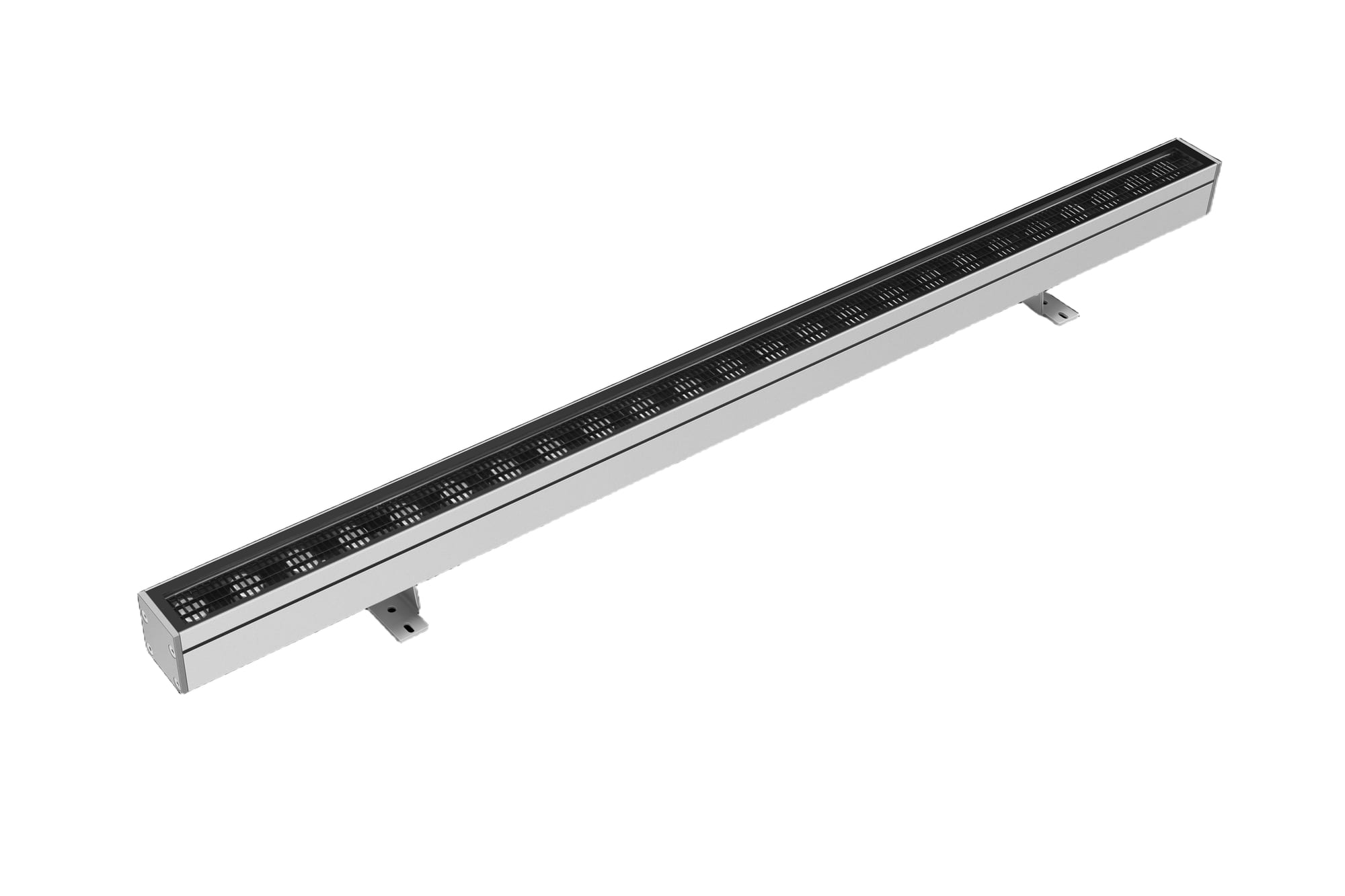 Slim linear LED wall washer in anodised aluminium with visible LED lenses and dual adjustable surface-mount brackets. Modaluce ML1304 commercial outdoor line…