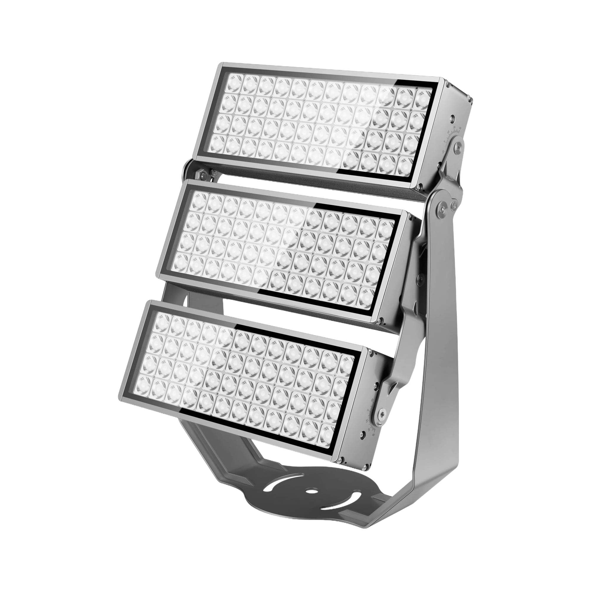 Three-module LED floodlight with rectangular lens arrays mounted on an adjustable yoke bracket and slotted base. Modaluce ML1311 commercial outdoor skyreach…