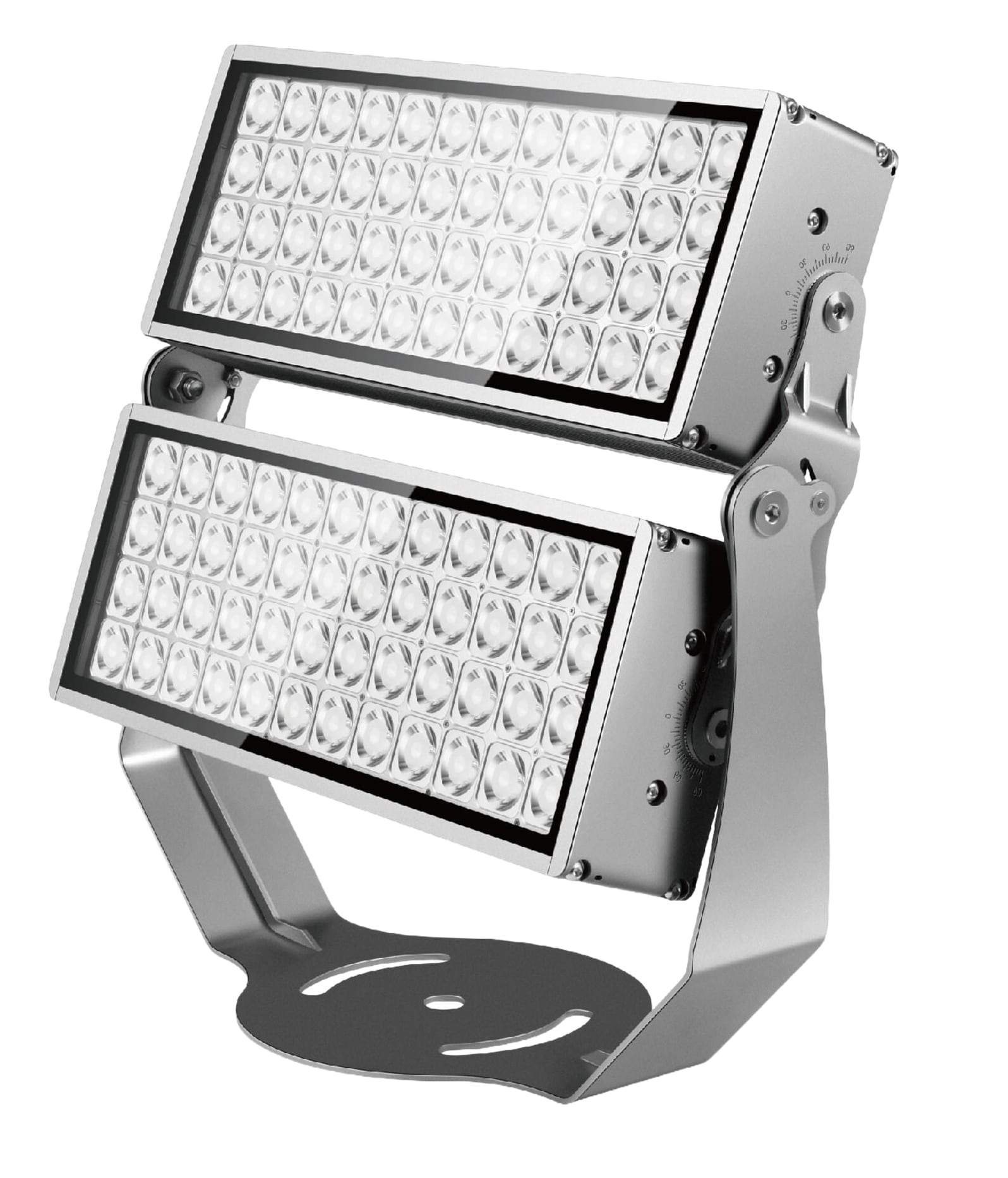 Twin-head rectangular LED floodlight with two adjustable modules and perforated mounting base on white background. Modaluce ML1312 commercial outdoor skyreac…
