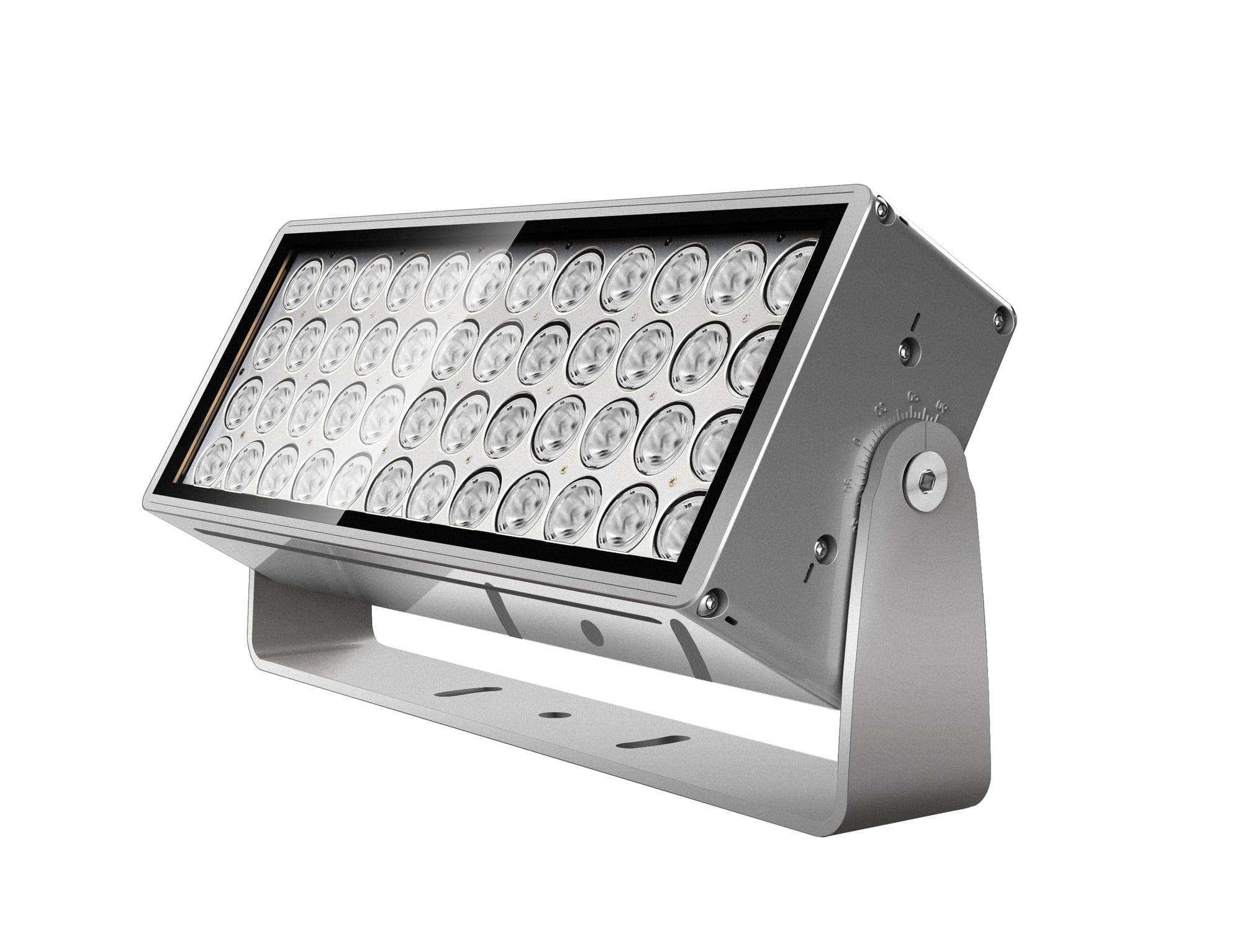 Silver rectangular LED floodlight with multiple circular lenses in an array, mounted on an adjustable U-bracket. Modaluce ML1313 commercial outdoor skyreach…