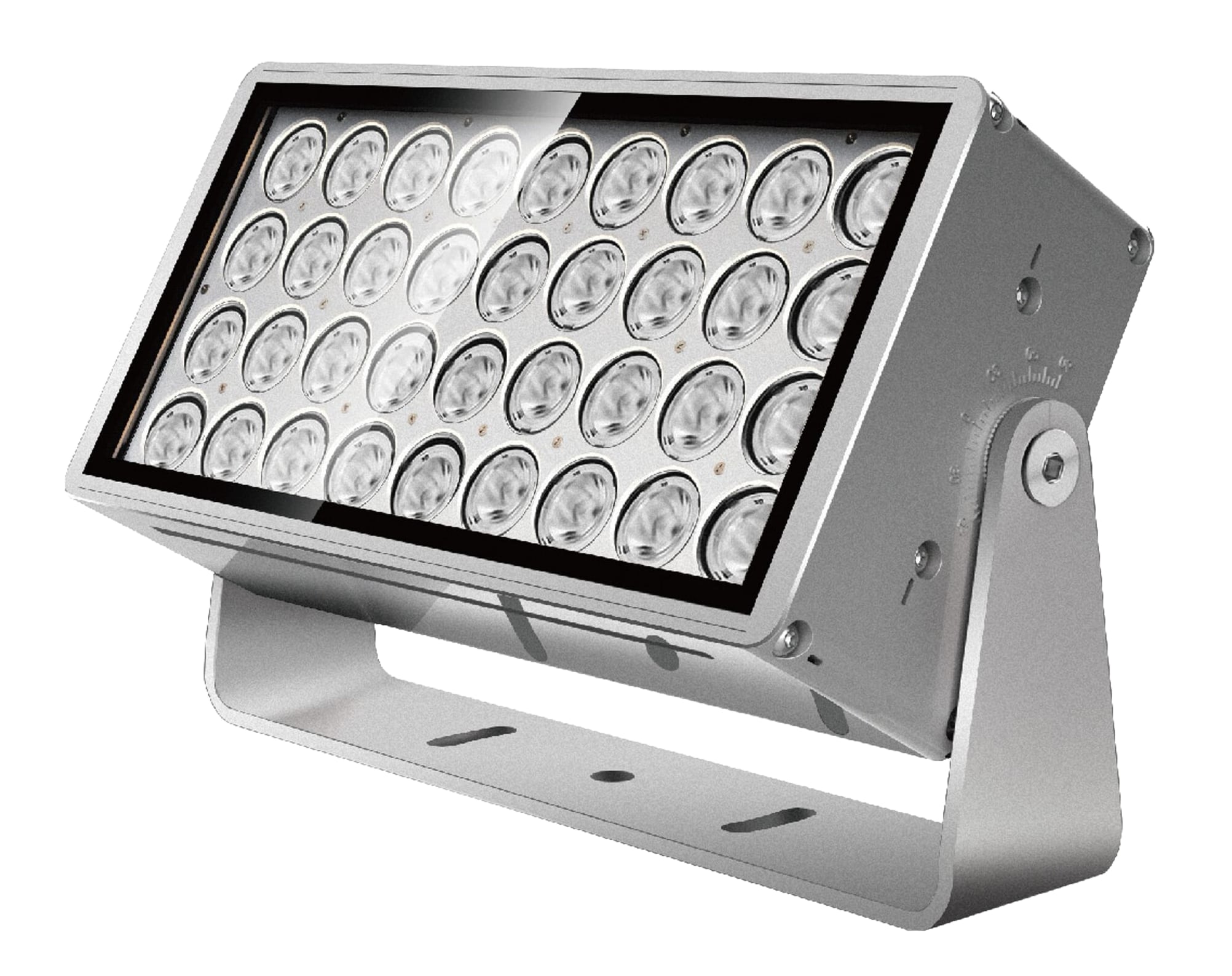 Rectangular LED floodlight with 36 individual lenses mounted on an adjustable yoke bracket in silver anodised finish. Modaluce ML1313B commercial outdoor sky…