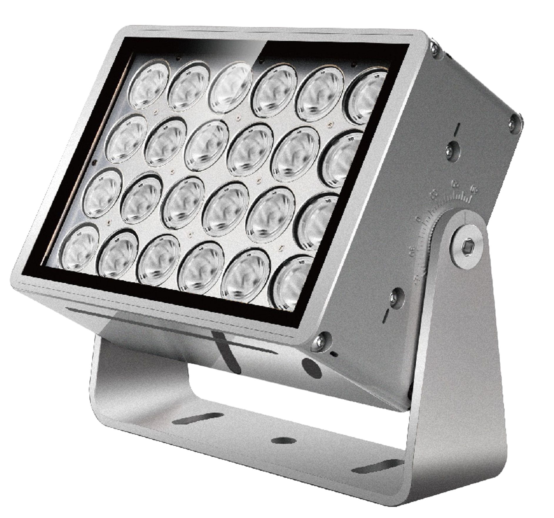 Rectangular outdoor LED floodlight with 25 clear lenses and adjustable U-bracket in anodised aluminium finish. Modaluce ML1313C commercial outdoor skyreach s…