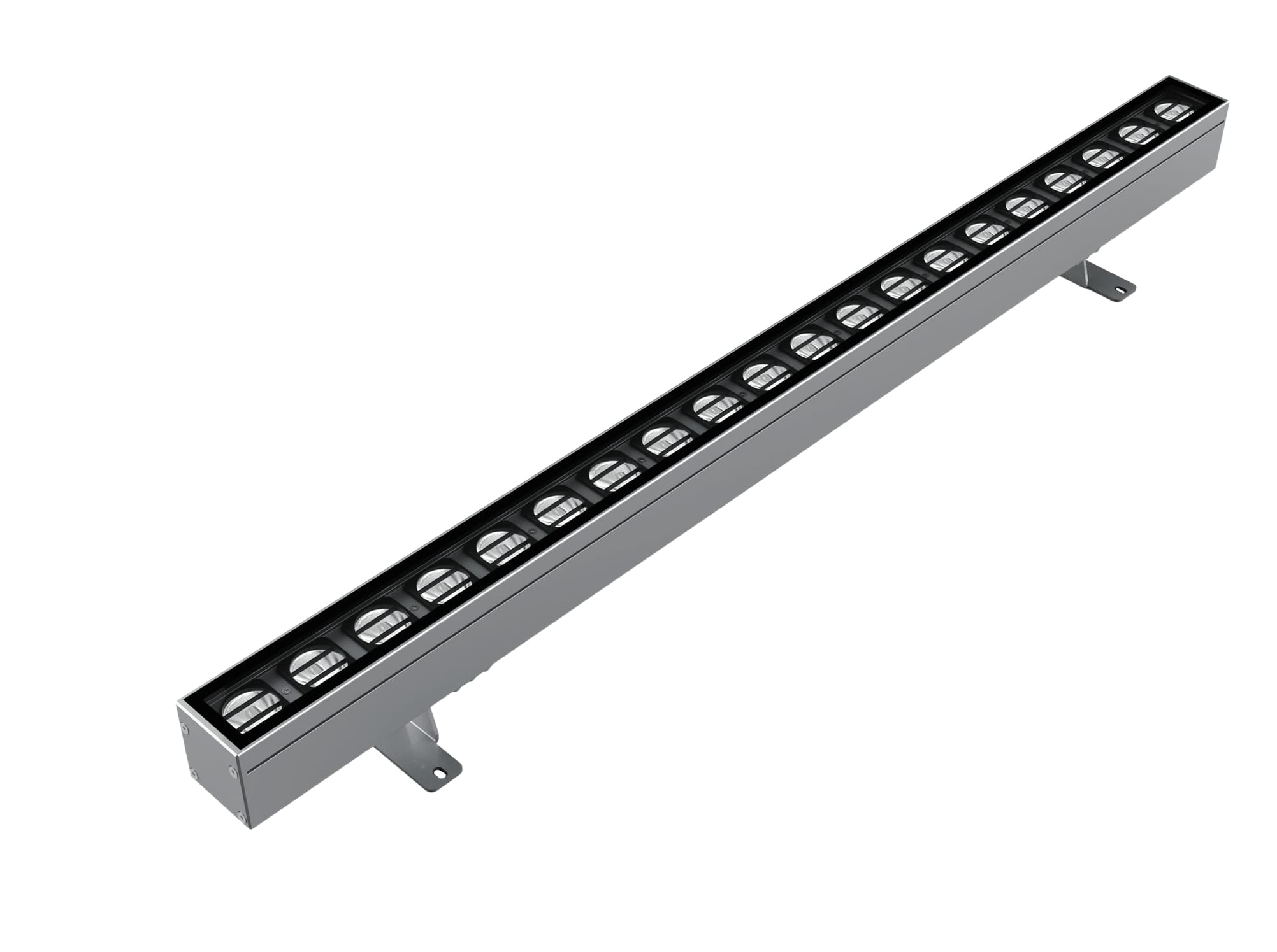 Linear architectural LED wall washer with multiple rectangular lenses and adjustable surface-mount brackets. Modaluce ML1327 commercial outdoor linear surfac…