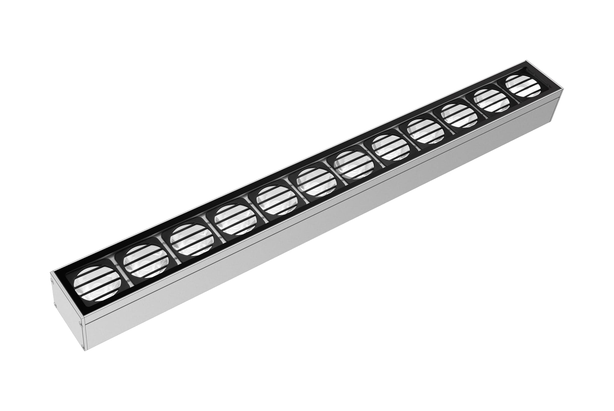 Anodised aluminium linear grazer with a row of circular louvered optics set in a black baffle. Modaluce ML1329 commercial outdoor linear series, Australia.