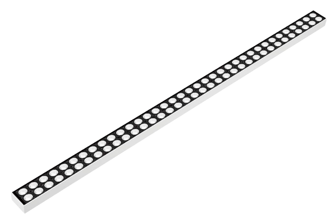 Slim white linear architectural LED luminaire with a row of recessed circular optics in a black baffle. Modaluce ML1360 commercial outdoor linear surface mou…