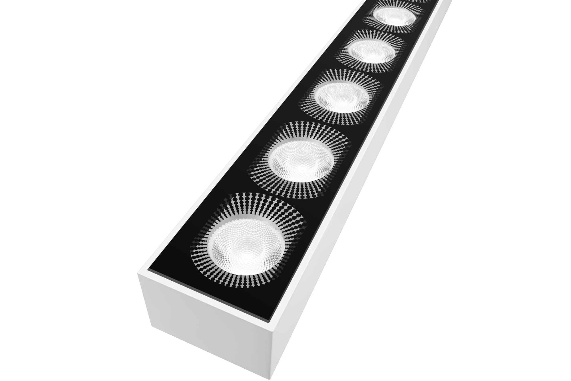 Slim linear LED fixture with a white housing and multiple recessed round lenses in a black baffle. Modaluce ML1361 commercial outdoor linear surface mount, A…