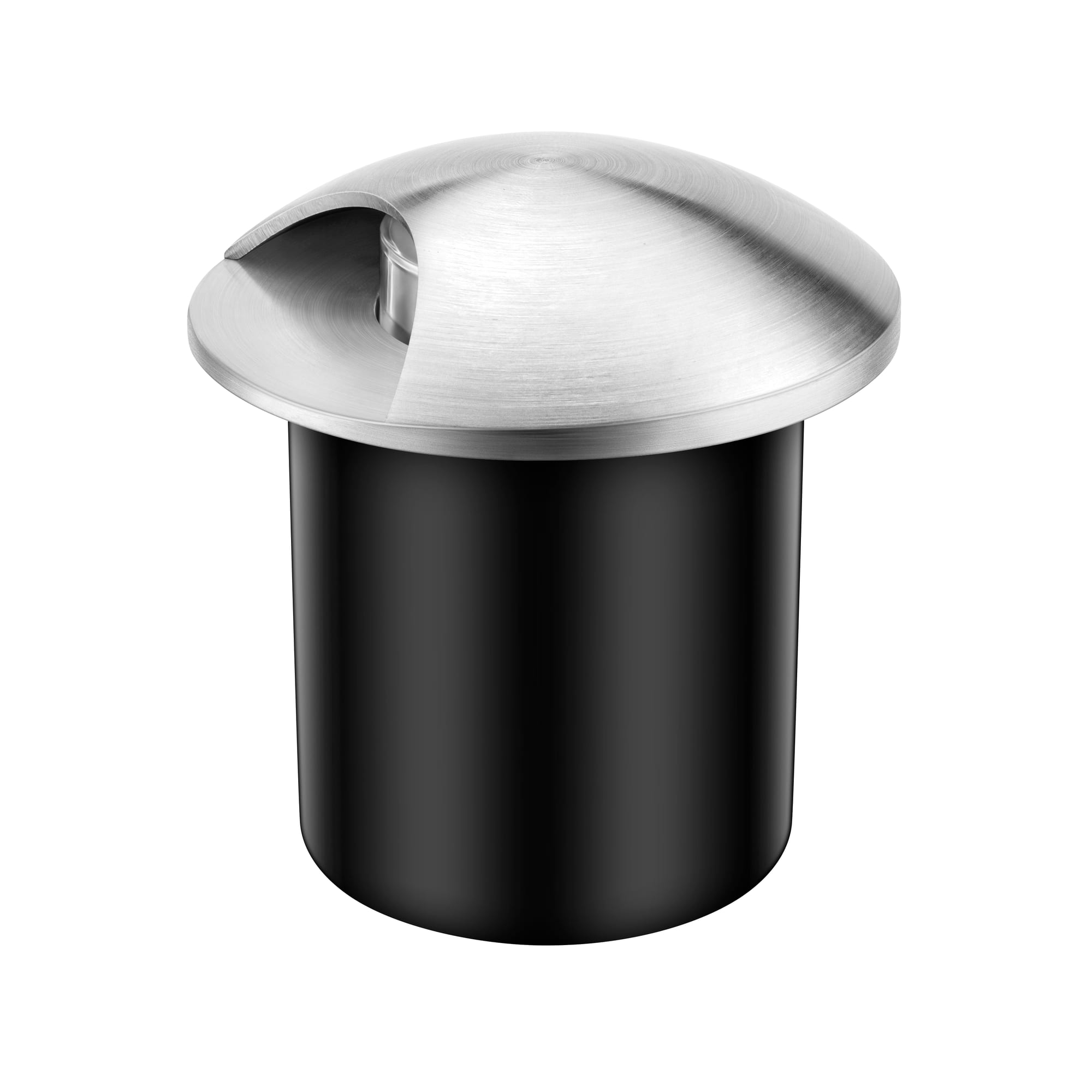 Brushed stainless steel round inground light with a recessed side aperture and black cylindrical housing. Modaluce ML2108 commercial outdoor inground round,…