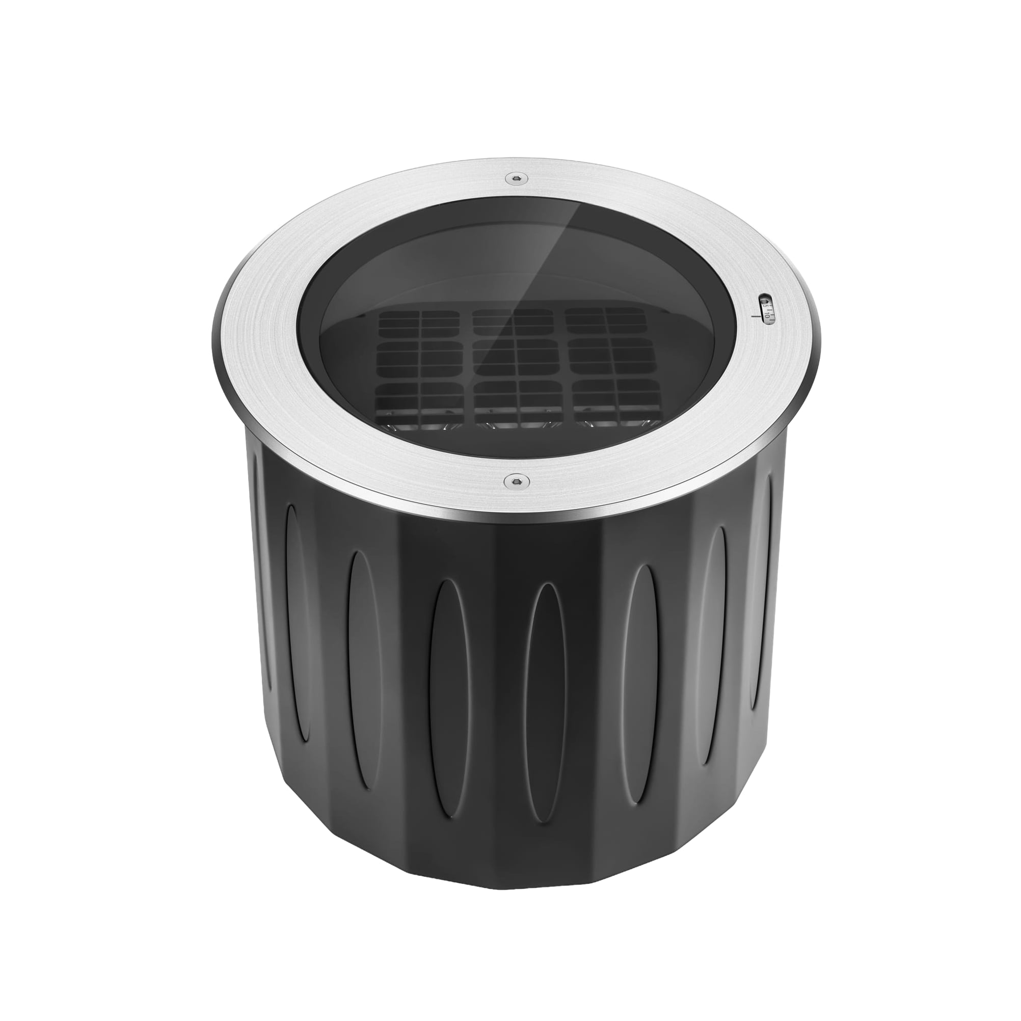 Round inground luminaire with stainless top bezel, glass lens and visible internal heat fins. Modaluce ML2160 commercial outdoor inground round, Australia.