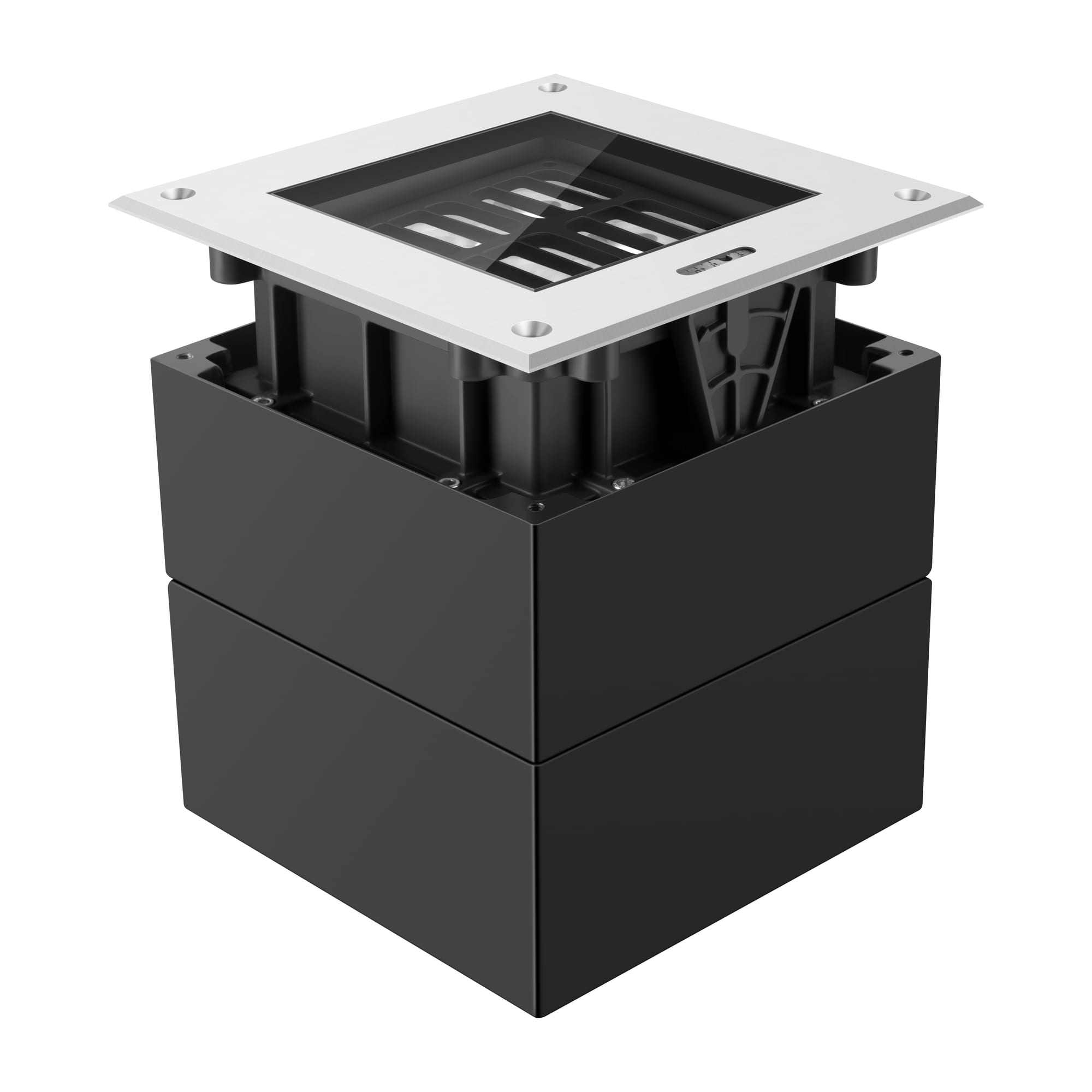 Square-flanged inground luminaire with grille and modular black housing shown on a dark background. Modaluce ML2264 commercial outdoor inground round, Austra…