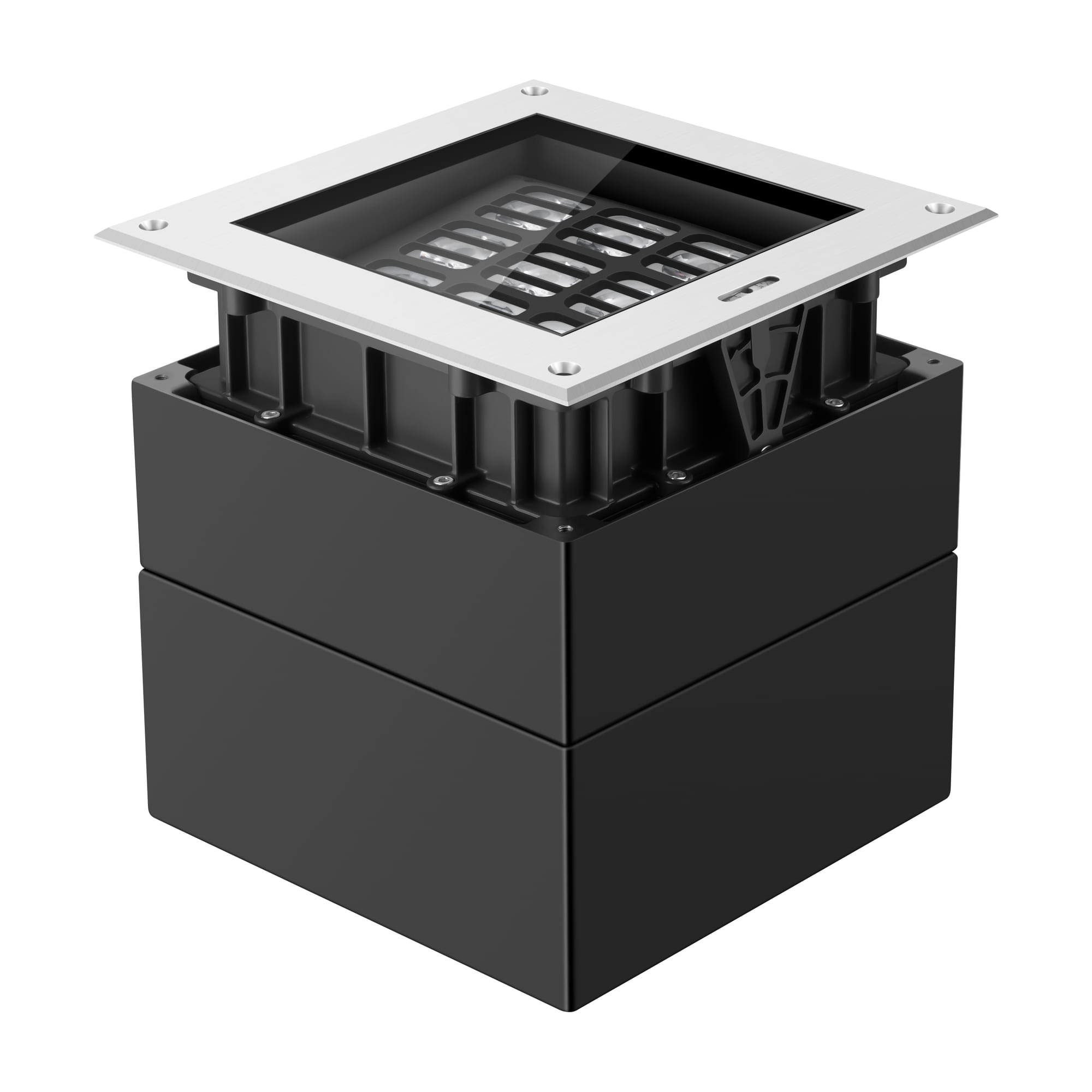 Square inground LED luminaire with stainless square flange, exposed LED array and black buried housing. Modaluce ML2269 commercial outdoor inground round, Au…