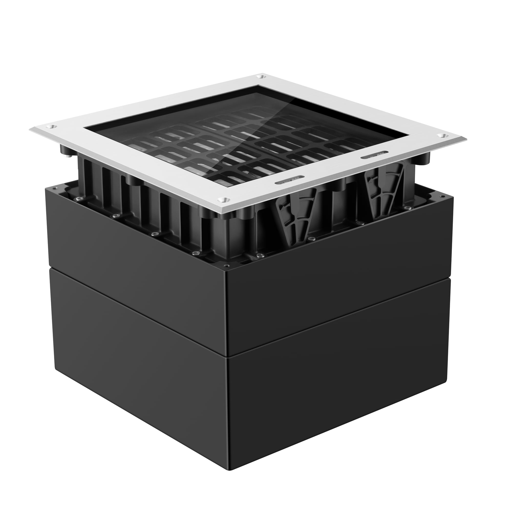 Square inground recessed luminaire with stainless top bezel, glass cover and internal grille fins on a black background. Modaluce ML2270 commercial outdoor i…
