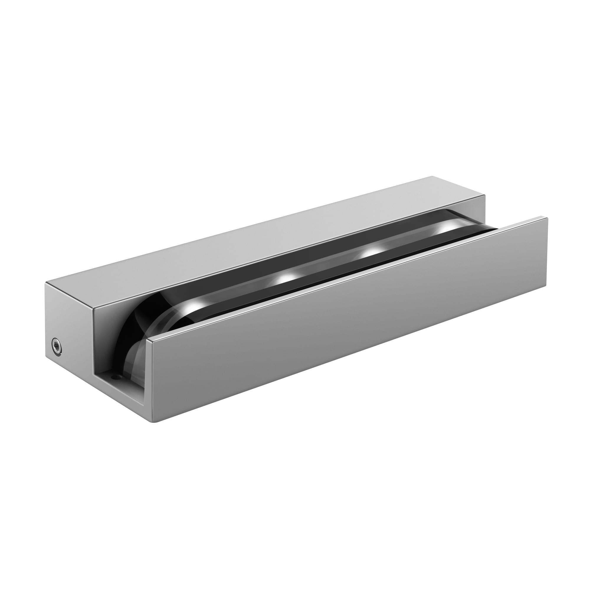 Silver rectangular surface-mounted wall luminaire with a recessed curved lens in a channel. Modaluce ML3240 commercial outdoor highlight series, Australia.