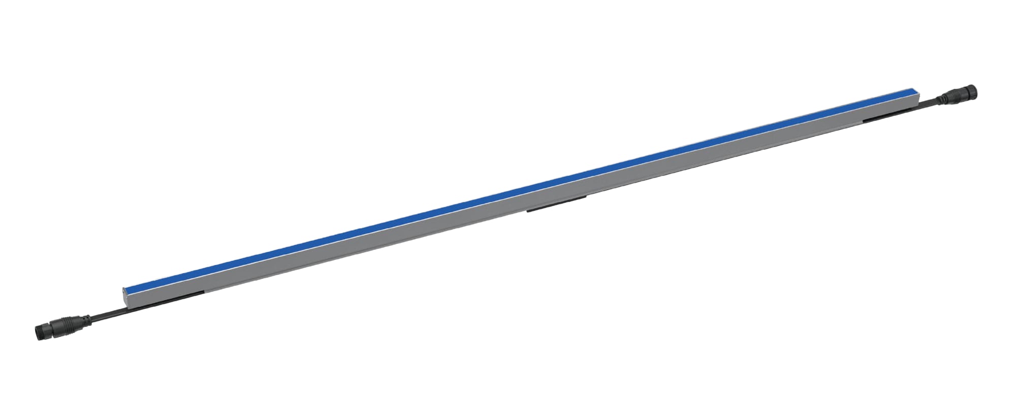 Slim linear LED fixture with a blue diffuser and end power connectors on a white studio background. Modaluce ML3312 commercial outdoor facade and outline, Au…