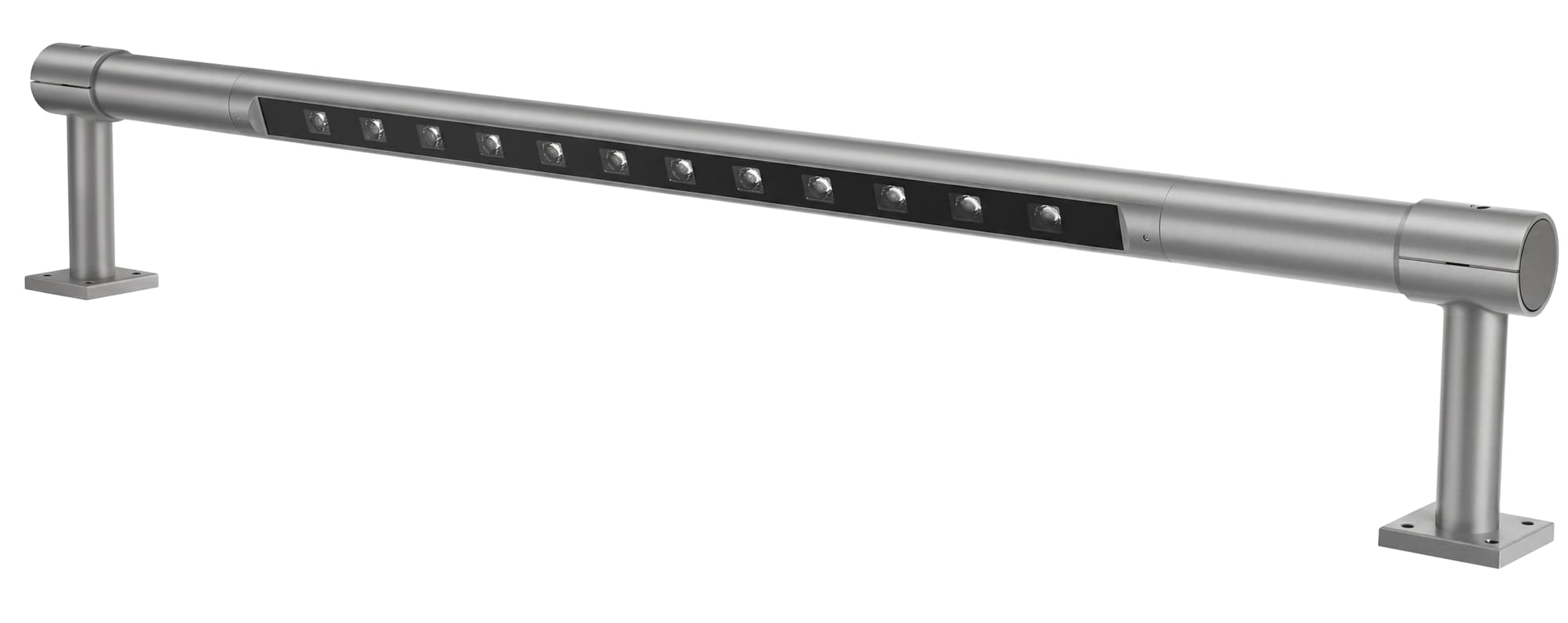 Stainless cylindrical balustrade light with an inline recessed LED array mounted on two short posts and baseplates. Modaluce ML3323 commercial outdoor balust…