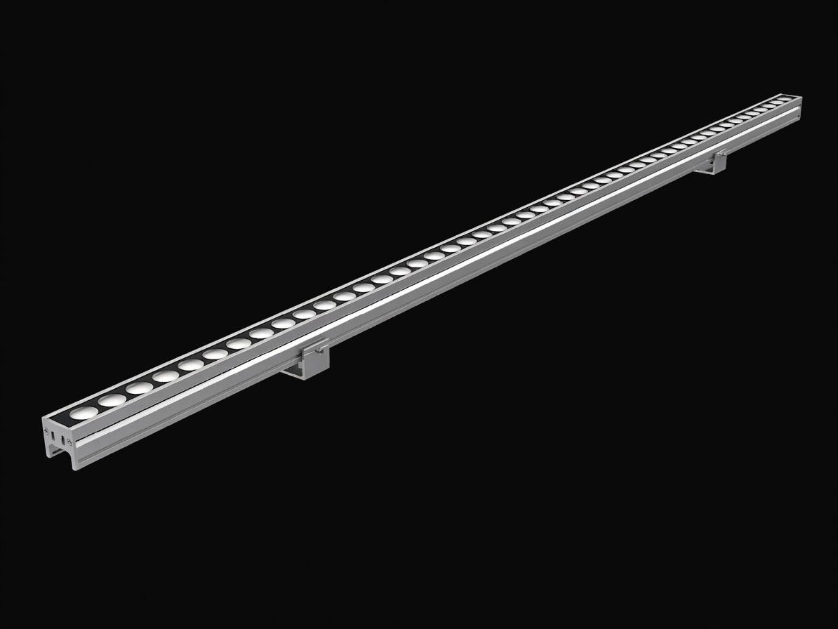 Long linear LED luminaire with repeating round optics in an extruded aluminium housing mounted on two surface brackets. Modaluce ML3351 commercial outdoor fa…