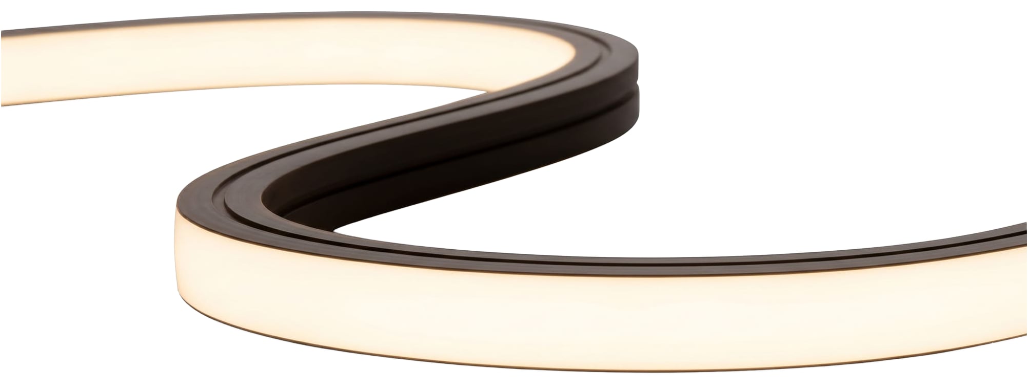 Flexible black linear outline LED with diffused opal lens shown curved on white background. Modaluce ML3361 commercial outdoor facade and outline, Australia.