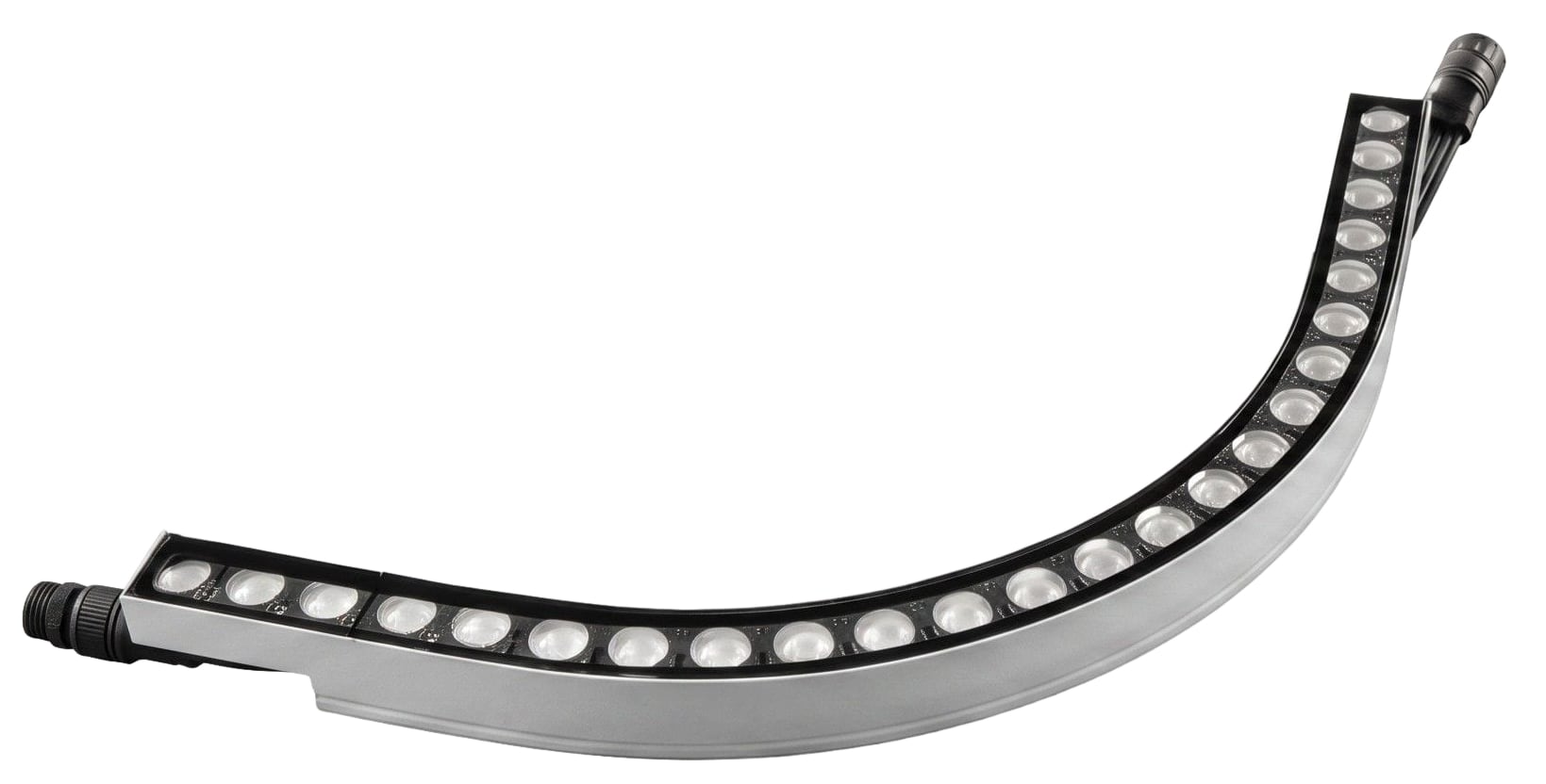 Curved interlinking linear LED architectural light strip with multiple round lenses and end cable connectors. Modaluce ML3371 commercial outdoor adaptable se…