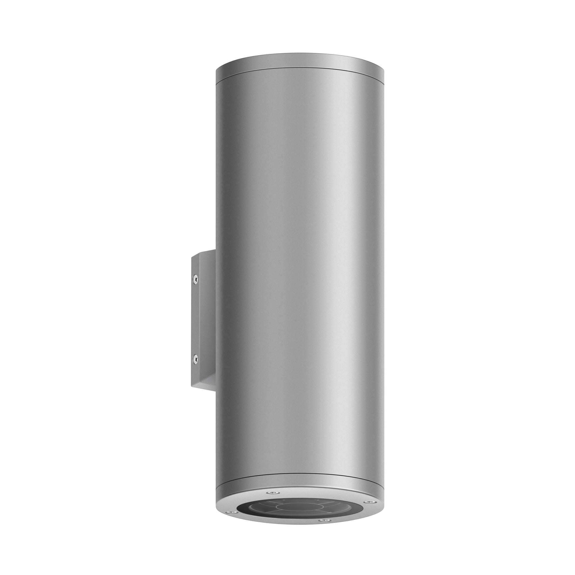 Silver cylindrical wall-mounted downlight with rectangular wall bracket and visible bottom lens. Modaluce ML6133 commercial outdoor wall light series, Austra…
