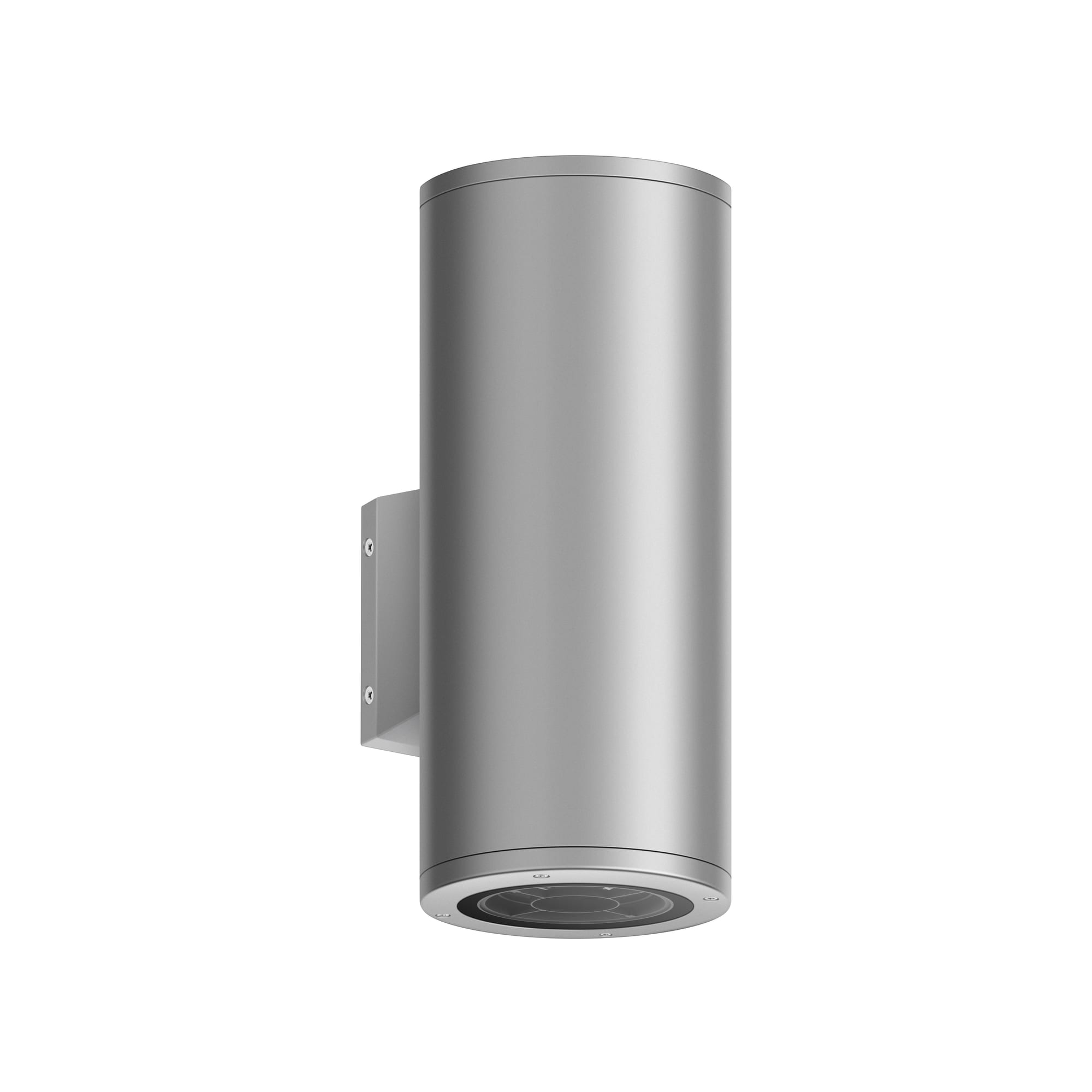 Silver cylindrical architectural wall-mounted downlight with rectangular wall bracket and recessed circular lens. Modaluce ML6166 commercial outdoor wall lig…