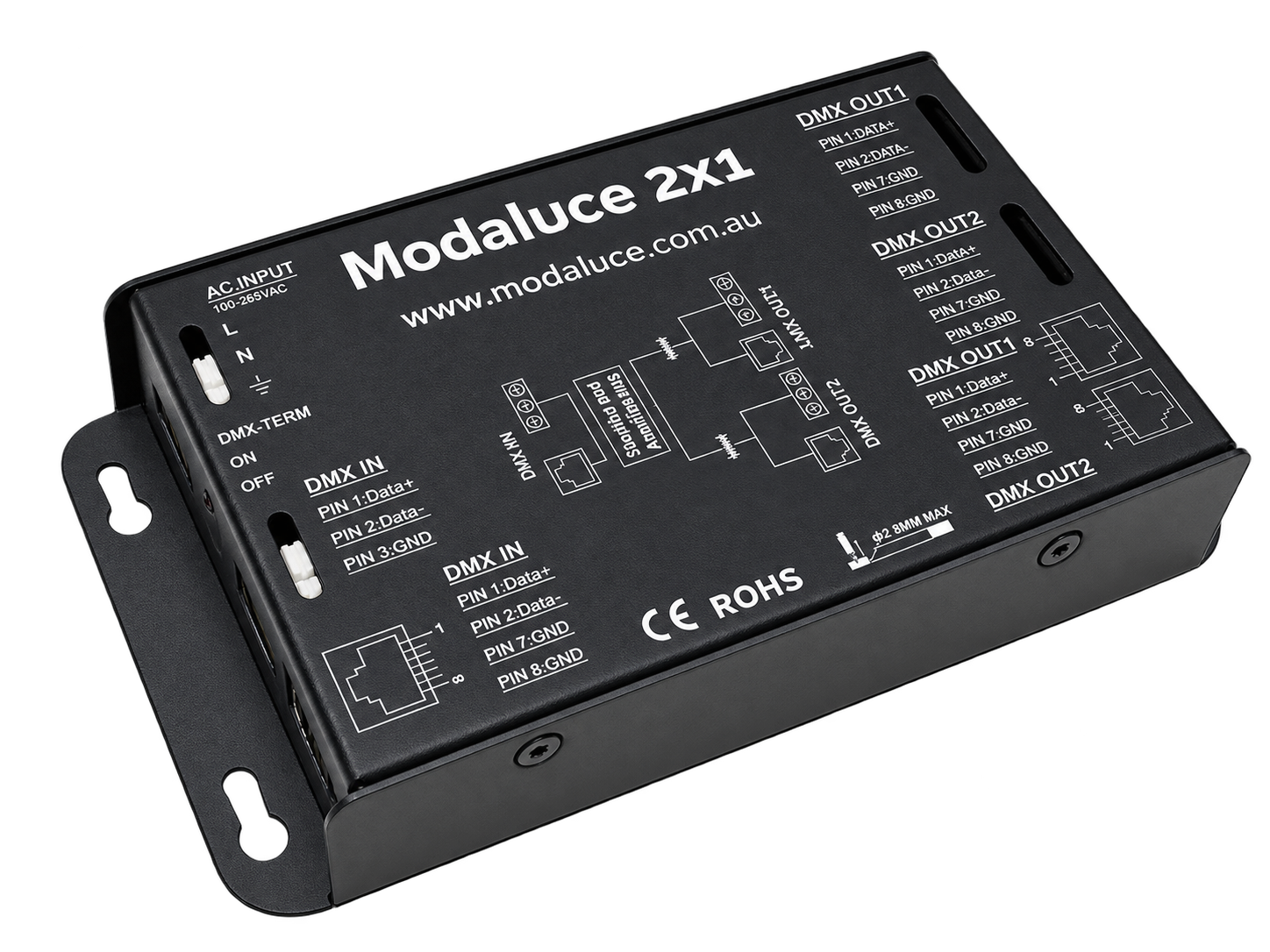 Modaluce 2×1 isolated DMX signal splitter — compact metal enclosure with RJ45 and terminal connectors