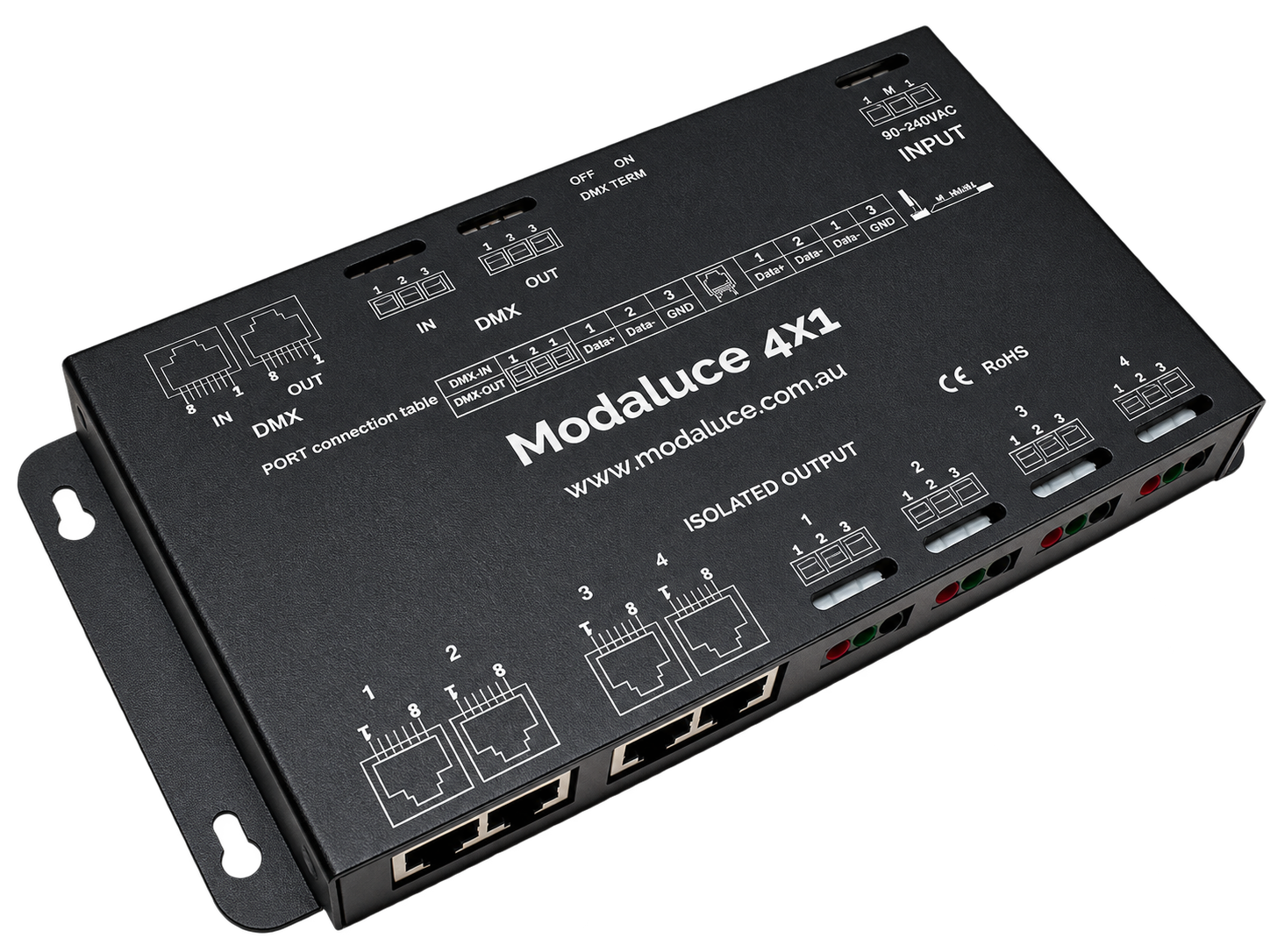 Modaluce 4×1 isolated DMX signal splitter — four-port metal enclosure with RJ45 and terminal connectors